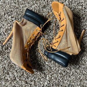 Angie Tan and Black Mesh Lace-Up Heels - RUNS SMALL